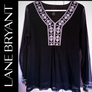 Lane Bryant Black Sheer Top with White Stitching